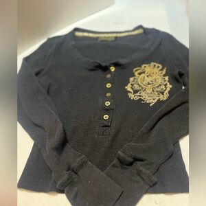 COOGI Black Long Sleeve Henley with Gold Embroidery